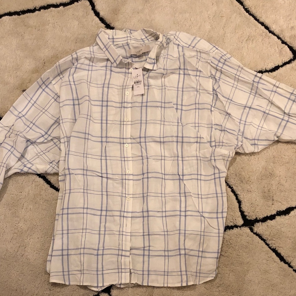 LOFT Women’s White and Blue Plaid Shirt